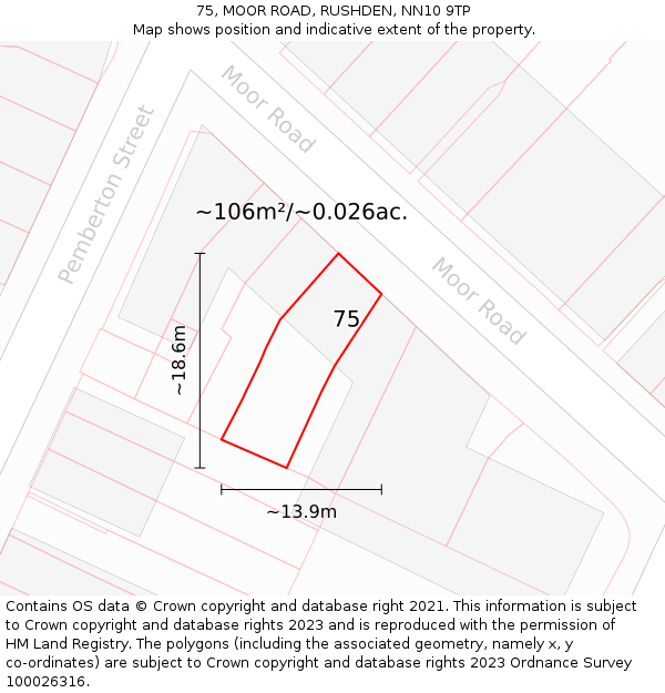 75, MOOR ROAD, RUSHDEN, NN10 9TP: Plot and title map