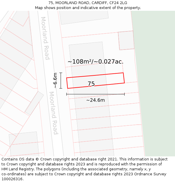 75, MOORLAND ROAD, CARDIFF, CF24 2LG: Plot and title map