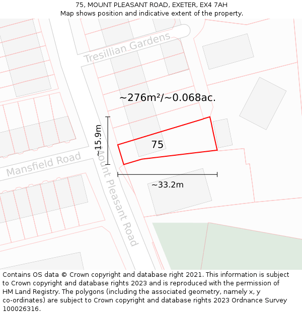75, MOUNT PLEASANT ROAD, EXETER, EX4 7AH: Plot and title map