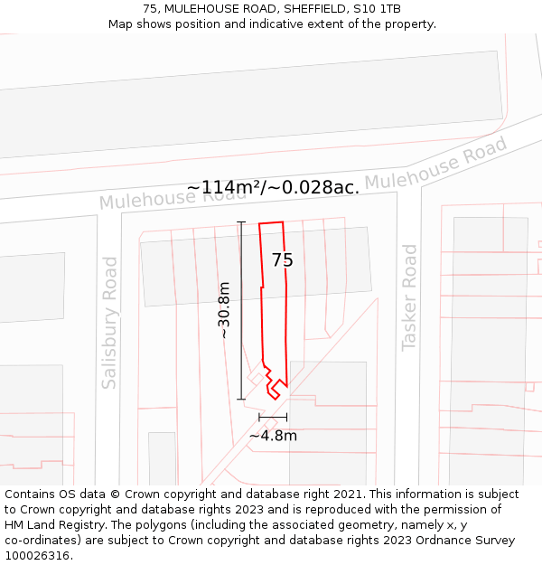 75, MULEHOUSE ROAD, SHEFFIELD, S10 1TB: Plot and title map