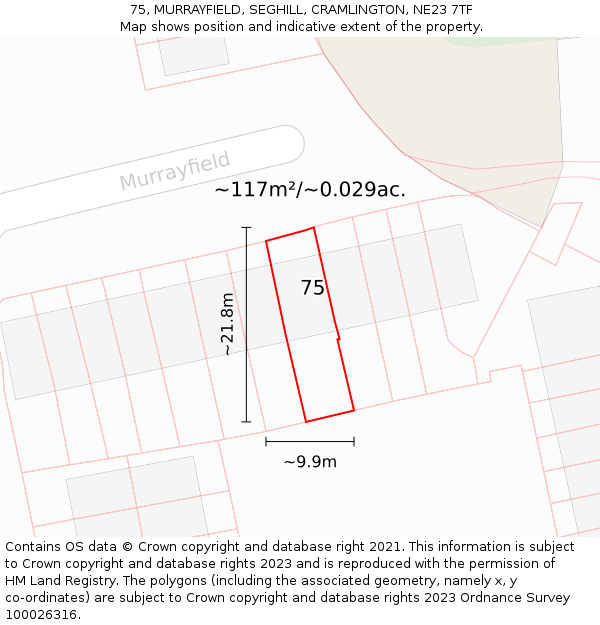 75, MURRAYFIELD, SEGHILL, CRAMLINGTON, NE23 7TF: Plot and title map
