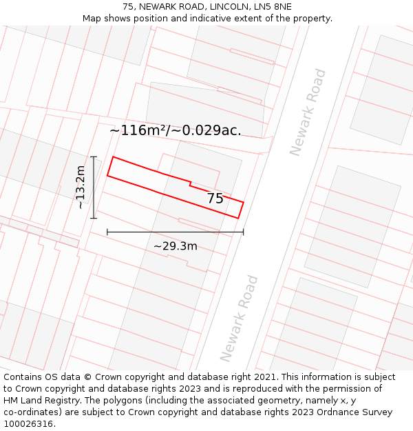 75, NEWARK ROAD, LINCOLN, LN5 8NE: Plot and title map