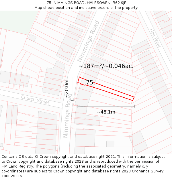 75, NIMMINGS ROAD, HALESOWEN, B62 9JF: Plot and title map