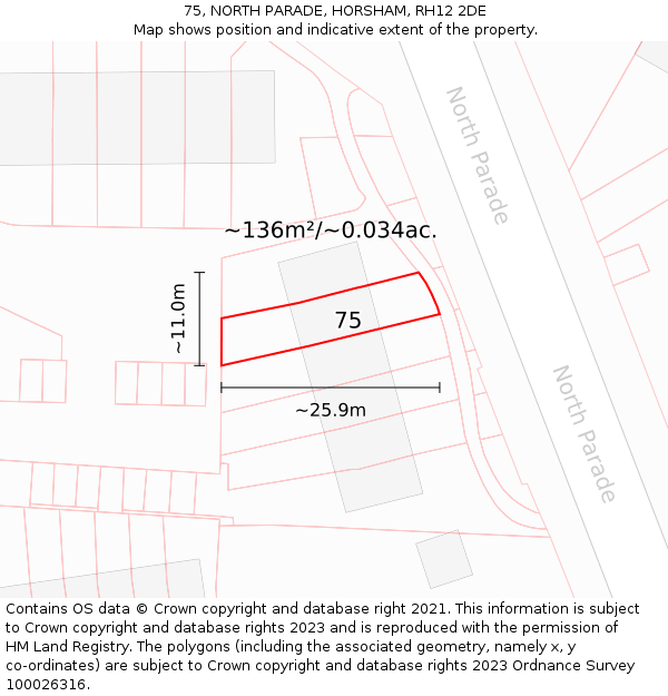 75, NORTH PARADE, HORSHAM, RH12 2DE: Plot and title map