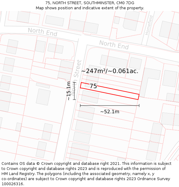 75, NORTH STREET, SOUTHMINSTER, CM0 7DG: Plot and title map