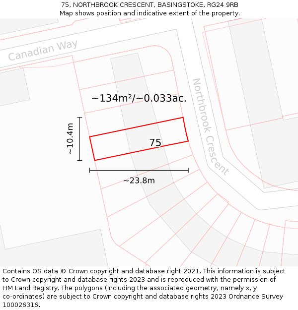 75, NORTHBROOK CRESCENT, BASINGSTOKE, RG24 9RB: Plot and title map