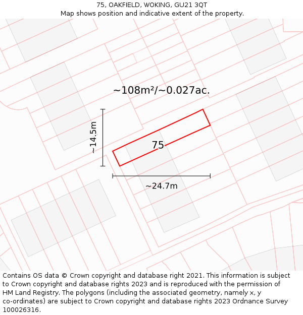 75, OAKFIELD, WOKING, GU21 3QT: Plot and title map