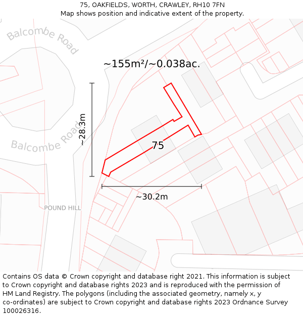 75, OAKFIELDS, WORTH, CRAWLEY, RH10 7FN: Plot and title map