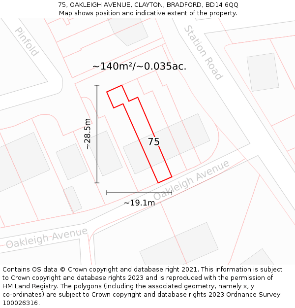 75, OAKLEIGH AVENUE, CLAYTON, BRADFORD, BD14 6QQ: Plot and title map