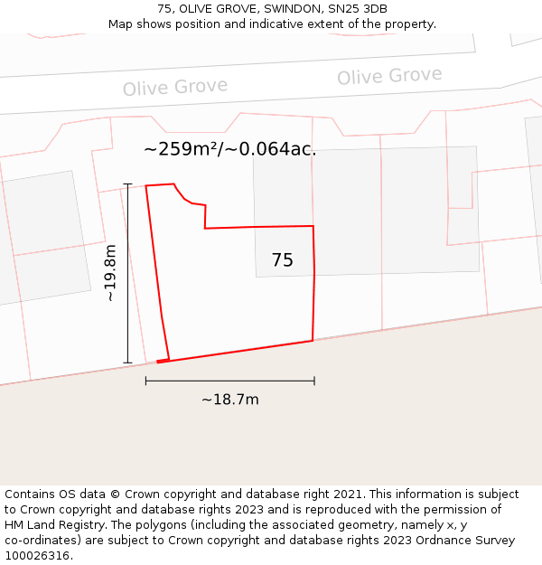 75, OLIVE GROVE, SWINDON, SN25 3DB: Plot and title map