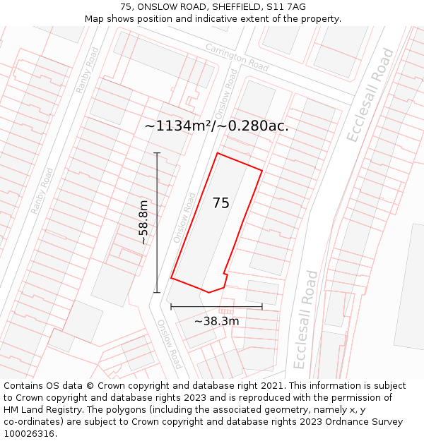 75, ONSLOW ROAD, SHEFFIELD, S11 7AG: Plot and title map
