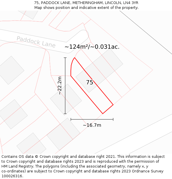 75, PADDOCK LANE, METHERINGHAM, LINCOLN, LN4 3YR: Plot and title map