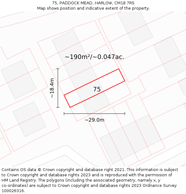 75, PADDOCK MEAD, HARLOW, CM18 7RS: Plot and title map
