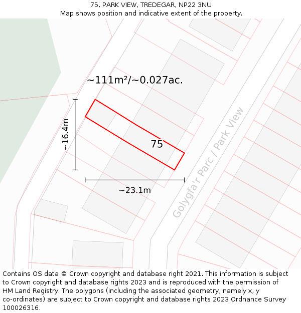 75, PARK VIEW, TREDEGAR, NP22 3NU: Plot and title map