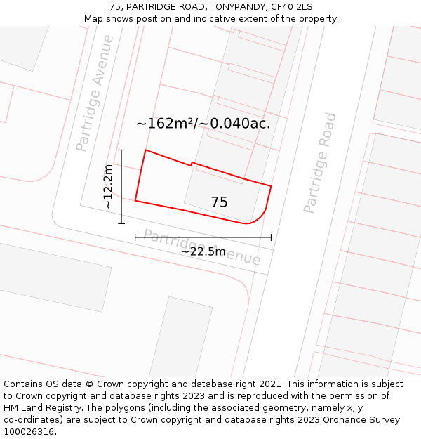 75, PARTRIDGE ROAD, TONYPANDY, CF40 2LS: Plot and title map