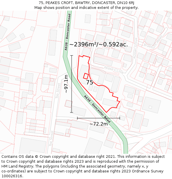 75, PEAKES CROFT, BAWTRY, DONCASTER, DN10 6RJ: Plot and title map