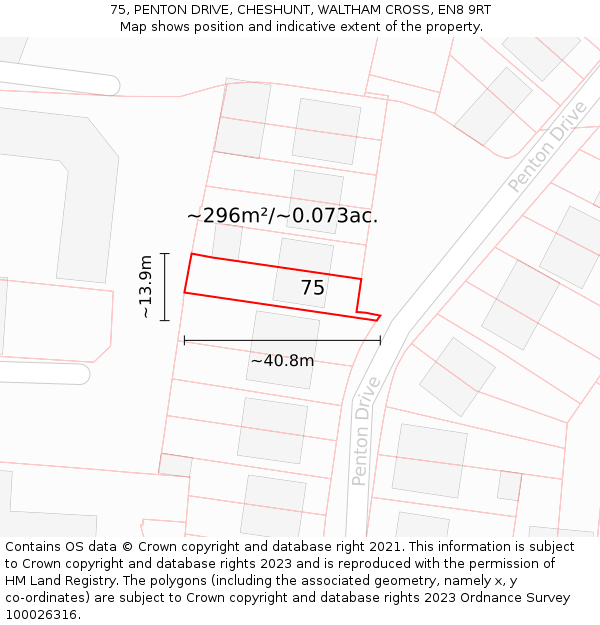 75, PENTON DRIVE, CHESHUNT, WALTHAM CROSS, EN8 9RT: Plot and title map