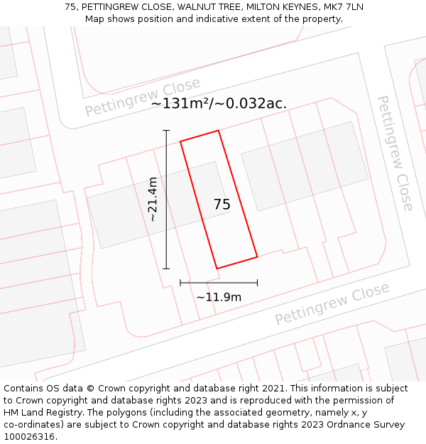 75, PETTINGREW CLOSE, WALNUT TREE, MILTON KEYNES, MK7 7LN: Plot and title map