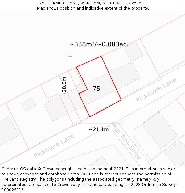 75, PICKMERE LANE, WINCHAM, NORTHWICH, CW9 6EB: Plot and title map