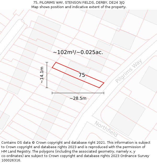 75, PILGRIMS WAY, STENSON FIELDS, DERBY, DE24 3JQ: Plot and title map