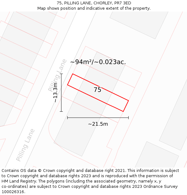 75, PILLING LANE, CHORLEY, PR7 3ED: Plot and title map