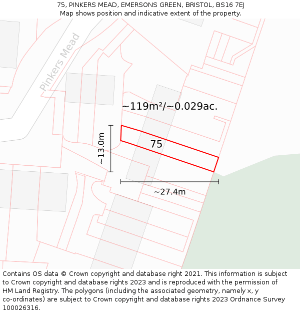 75, PINKERS MEAD, EMERSONS GREEN, BRISTOL, BS16 7EJ: Plot and title map