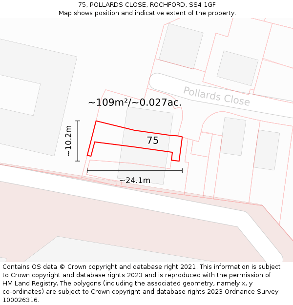75, POLLARDS CLOSE, ROCHFORD, SS4 1GF: Plot and title map