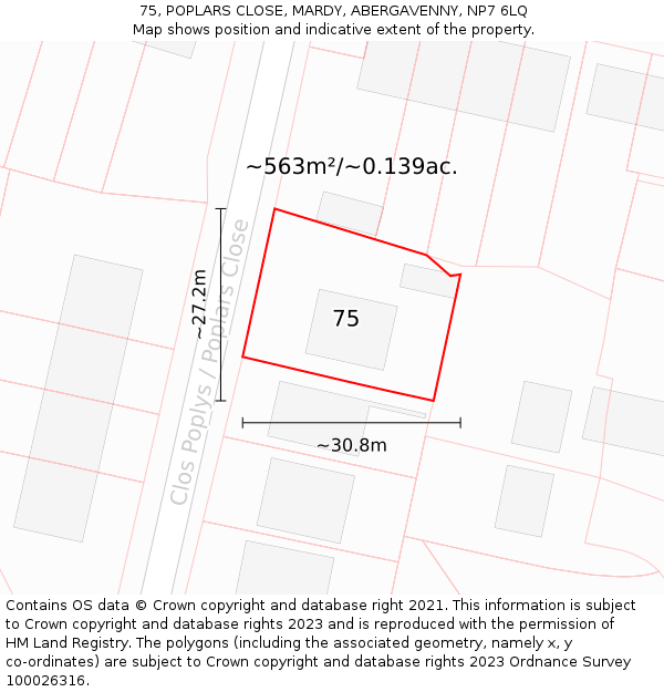 75, POPLARS CLOSE, MARDY, ABERGAVENNY, NP7 6LQ: Plot and title map