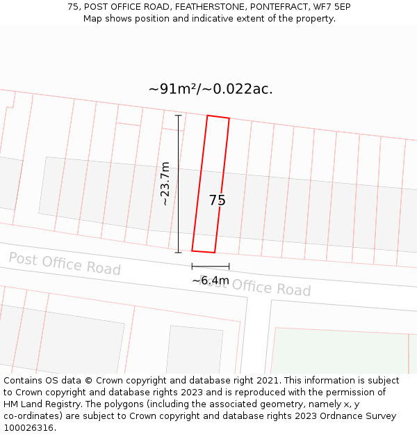 75, POST OFFICE ROAD, FEATHERSTONE, PONTEFRACT, WF7 5EP: Plot and title map