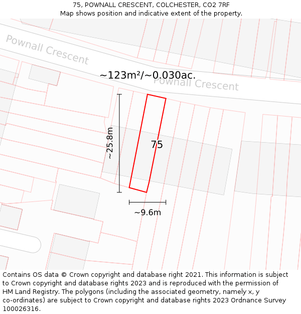 75, POWNALL CRESCENT, COLCHESTER, CO2 7RF: Plot and title map