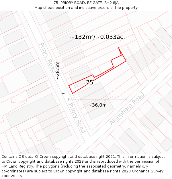 75, PRIORY ROAD, REIGATE, RH2 8JA: Plot and title map