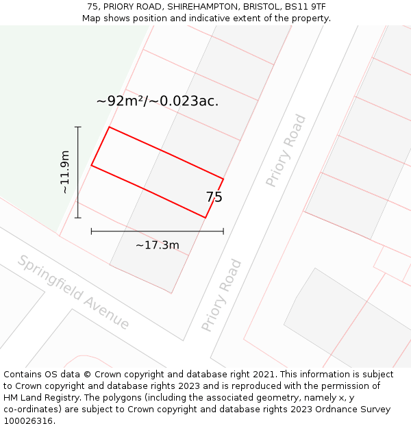 75, PRIORY ROAD, SHIREHAMPTON, BRISTOL, BS11 9TF: Plot and title map