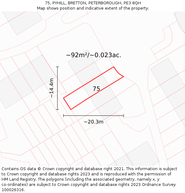 75, PYHILL, BRETTON, PETERBOROUGH, PE3 8QH: Plot and title map