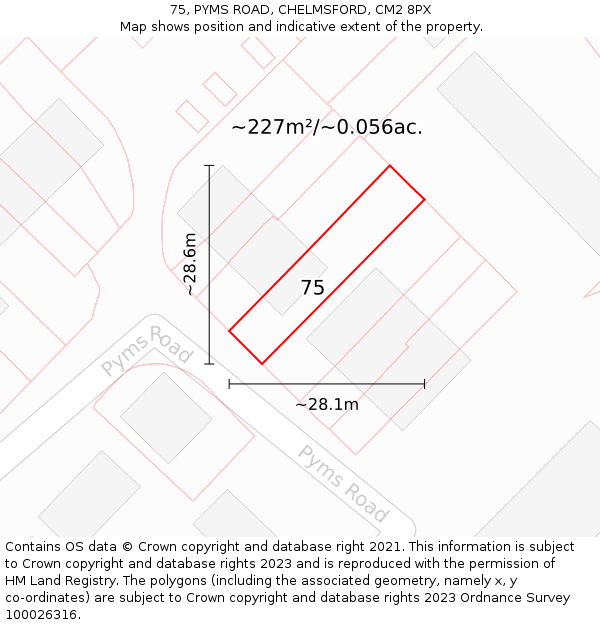 75, PYMS ROAD, CHELMSFORD, CM2 8PX: Plot and title map