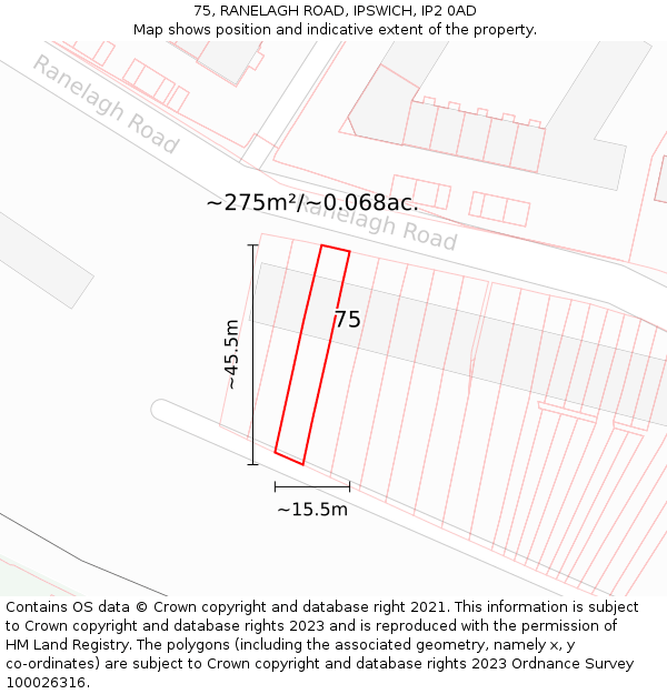 75, RANELAGH ROAD, IPSWICH, IP2 0AD: Plot and title map