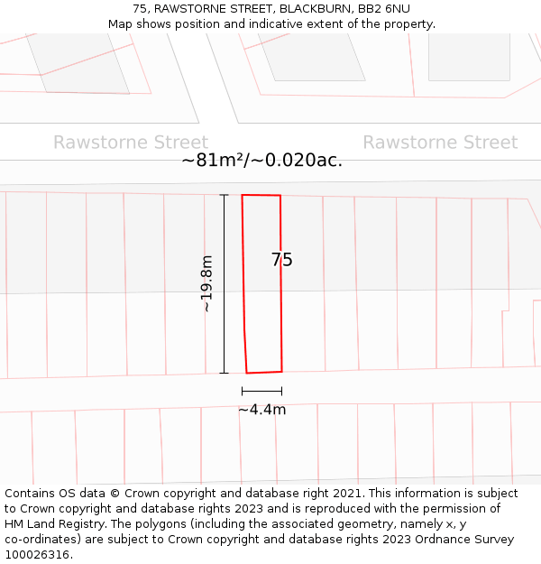 75, RAWSTORNE STREET, BLACKBURN, BB2 6NU: Plot and title map
