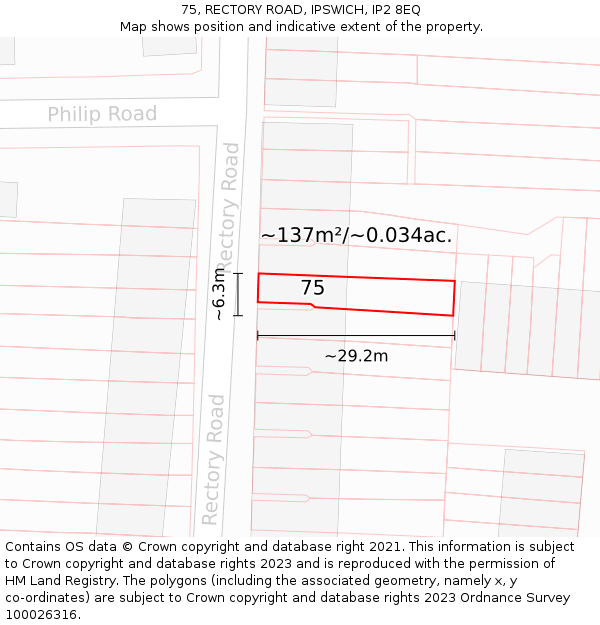 75, RECTORY ROAD, IPSWICH, IP2 8EQ: Plot and title map