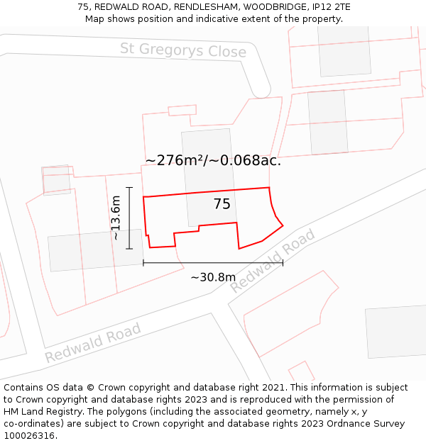 75, REDWALD ROAD, RENDLESHAM, WOODBRIDGE, IP12 2TE: Plot and title map