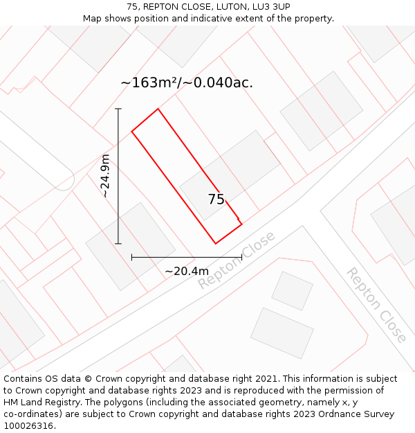 75, REPTON CLOSE, LUTON, LU3 3UP: Plot and title map