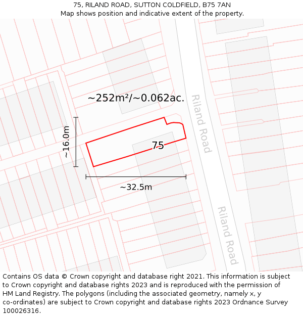 75, RILAND ROAD, SUTTON COLDFIELD, B75 7AN: Plot and title map