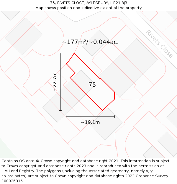 75, RIVETS CLOSE, AYLESBURY, HP21 8JR: Plot and title map