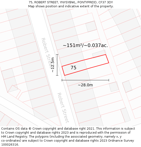 75, ROBERT STREET, YNYSYBWL, PONTYPRIDD, CF37 3DY: Plot and title map