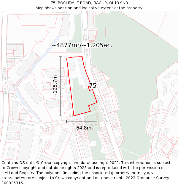 75, ROCHDALE ROAD, BACUP, OL13 9NR: Plot and title map