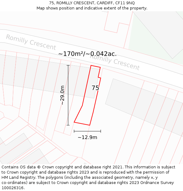 75, ROMILLY CRESCENT, CARDIFF, CF11 9NQ: Plot and title map