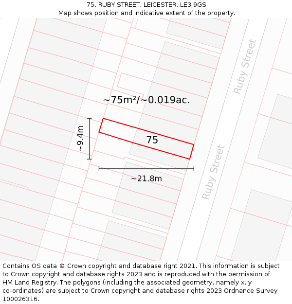 75, RUBY STREET, LEICESTER, LE3 9GS: Plot and title map