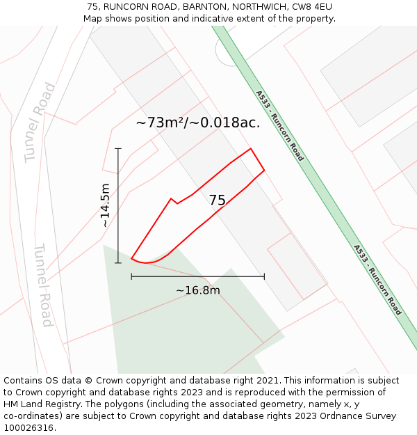 75, RUNCORN ROAD, BARNTON, NORTHWICH, CW8 4EU: Plot and title map