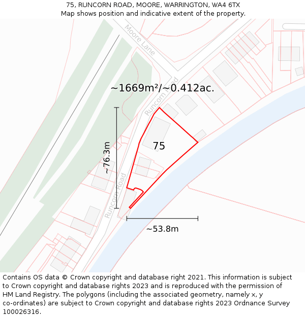 75, RUNCORN ROAD, MOORE, WARRINGTON, WA4 6TX: Plot and title map