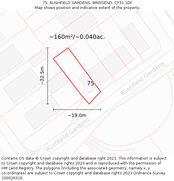 75, RUSHFIELD GARDENS, BRIDGEND, CF31 1DF: Plot and title map