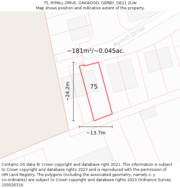 75, RYMILL DRIVE, OAKWOOD, DERBY, DE21 2UW: Plot and title map