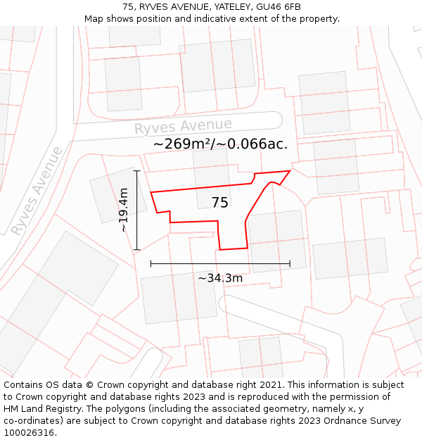 75, RYVES AVENUE, YATELEY, GU46 6FB: Plot and title map